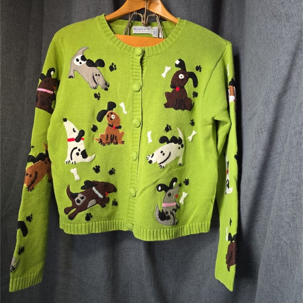 Vintage Bellepointe XL Bright Green Puppy Dog Cardigan Button-up Ramie & Cotton